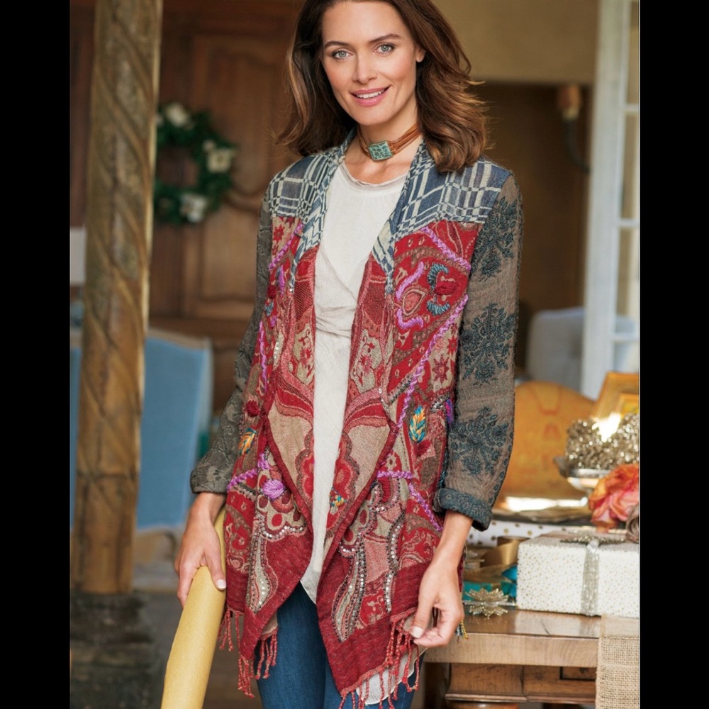Soft Surroundings open front wool blazer/boho patchwork, embroidery-Medium